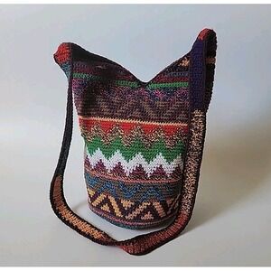 Guatemalan Crochet Bucket Bag Multicolor Zig Zag Pattern Boho Festival Hippie
